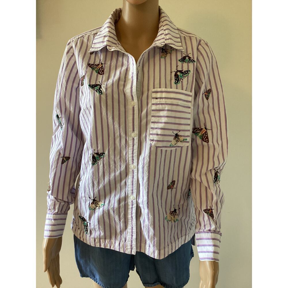 Maeve White and Purple Striped Button-Up Blouse with Butterfly Embroidery